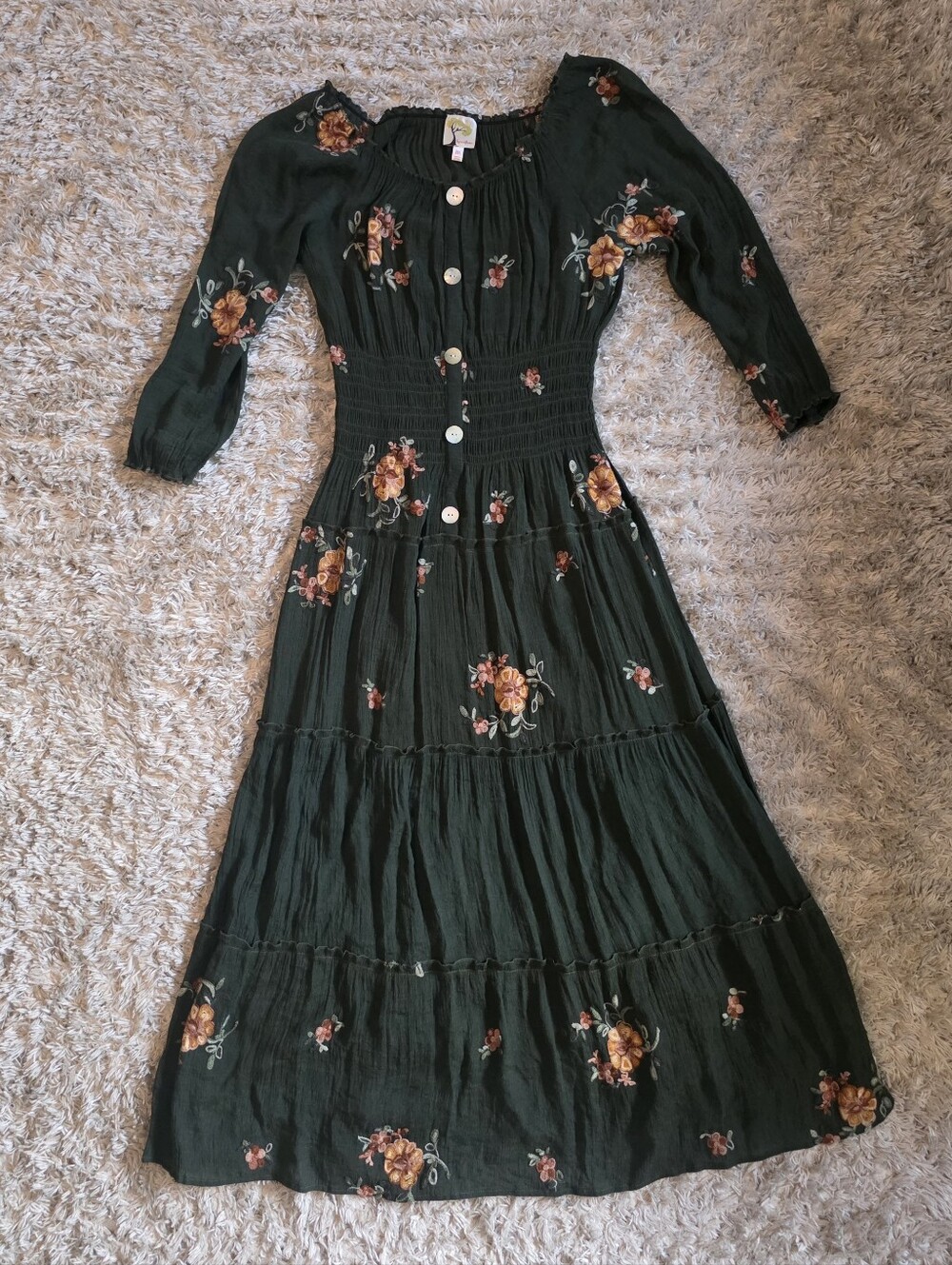 Fig & Flower Anthropologie Olive Green Embroidered Peasant Boho Maxi Dress Sz M - Picture 3 of 10